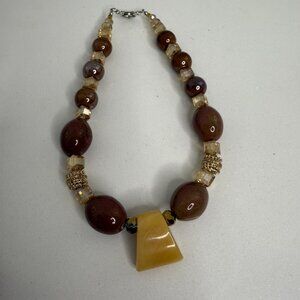 Vintage Statement  Necklace Semi Precious Stones Crystals Beige Brown Burgandy
